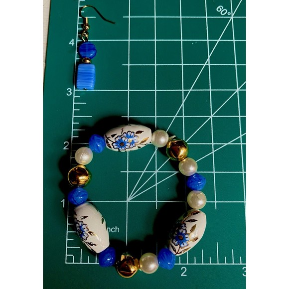 Stretch Bracelet And Earrings Set Deep Blue And White Floral Cloisonne Beads - Picture 10 of 10